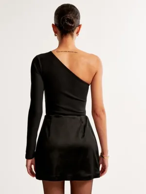 NWT Abercrombie & Fitch Black Long Sleeve Asymmetrical One-Shoulder Bodysuit S thumbnail 3