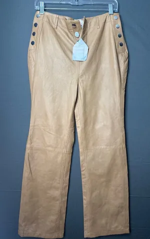 Camila Coelho Womens M 100% Lamb Leather Pants NWT Snap Detail Tan FLAWED thumbnail 1