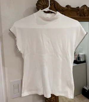 Zara White Rhinestone Trim T Shirt Embellished Sleeve Top Mock Neck Size Medium thumbnail 1
