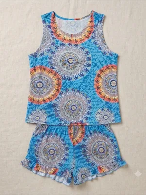 Blue Tie-Dye Mandala Sleep Tank - Women’s Lounge Pajama Top thumbnail 2