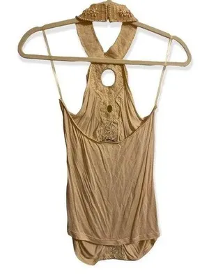 New York Cream Beaded Gathered Halter Blouse Size Medium thumbnail 3