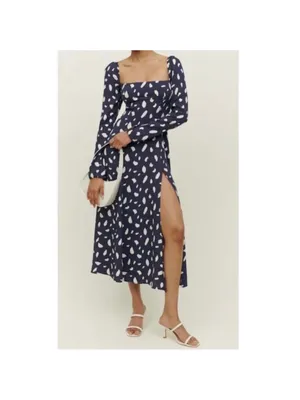 Reformation Sigmund Navy & White Long Sleeve Midi Dress - Size 6 thumbnail 3