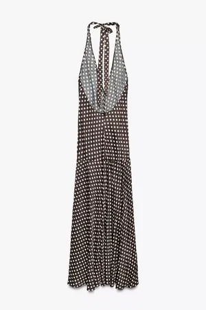 Zara Elegant Brown and White Polka Dot Halter maxi flowy Dress thumbnail 8