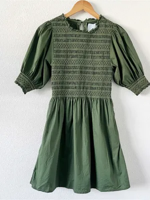 Hill House Home Ellie Nap Olive Green Smocked Puff Sleeve Mini Dress thumbnail 2