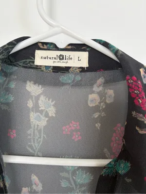 Natural Life Carina Mesh Top Floral Sheer Ruched Button Front Boho Whimsigoth-L thumbnail 2