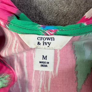 Crown & Ivy Women's Medium Ikat Tiered Ruffle V-Neck Sleeveless Dress Pink Blue thumbnail 3