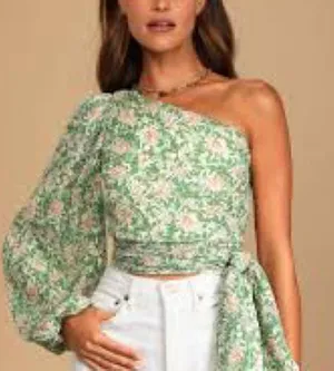 Lulu’s Grow Toward Love Green Floral Print Pleated One-Shoulder Top thumbnail 1