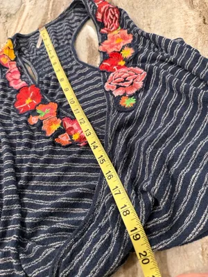 FREE PEOPLE Freida Navy Striped Embroidered Floral Surplice Top Size Medium thumbnail 10
