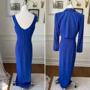 Vintage 90s Black Tie Oleg Cassini Cobalt Blue 2pc Column Gown Dress Bolero Jack thumbnail 3