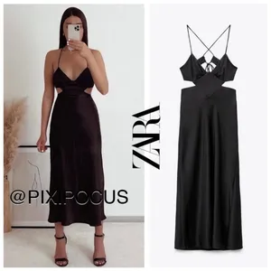 Zara Black Backless Strappy Satin Midi Dress thumbnail 2