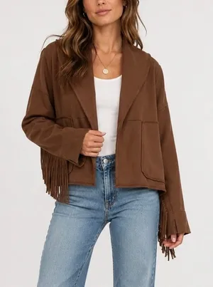 Free People Ragabond Wyatt Fringe Cardigan 100% Organic Cotton Brown Fringe XS thumbnail 1