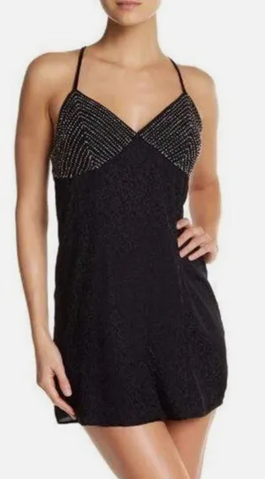Free People Dress People Beaded Slip Mini Dress Black‎ Open Back Jacquard Size L thumbnail 1