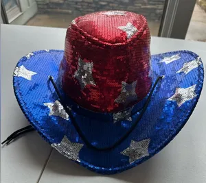 Cowboy hat red white and blue with stars Blingy Womans Hat thumbnail 1