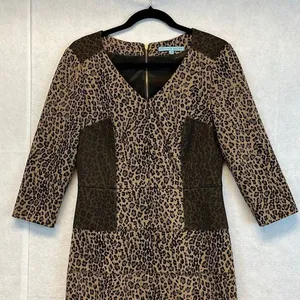 ANTONIO MELANI Dress Size 6 Black Brown‎ Sparkle Leopard Print 3/4 Sleeve V Neck thumbnail 3