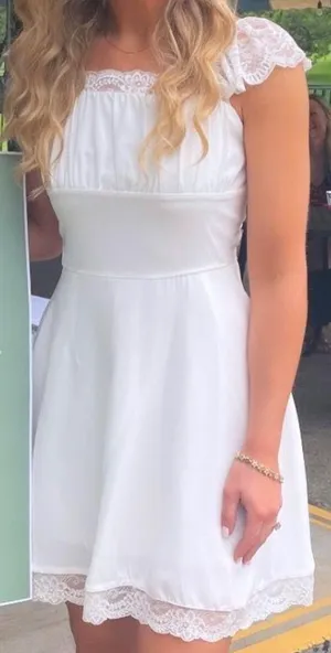 Elegant lace cap sleeve white mini babydoll dress thumbnail 1