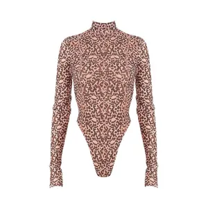 HOUSE OF CB Eleanor Mesh Bodysuit Size Small Brown Leopard Mock Neck Long Sleeve thumbnail 2