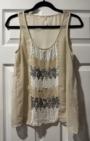 Willow & Clay Sequin-Front Cream Chiffon Tank Top thumbnail 1