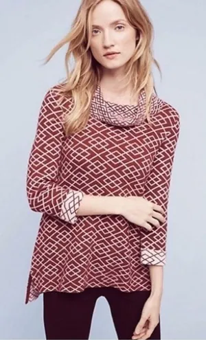 Anthropologie MOTH Galena Cowl Neck Sweater Maroon Pink Jacquard Geometric Small thumbnail 1