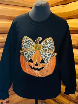 Halloween fall festive Black Sweatshirt with Orange Pumpkin and Leopard Bow thumbnail 5