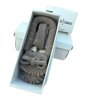 Minnetonka Suede Moccasin Keychain Key Ring Dark Grey Fringed Mini Shoe NIB thumbnail 1