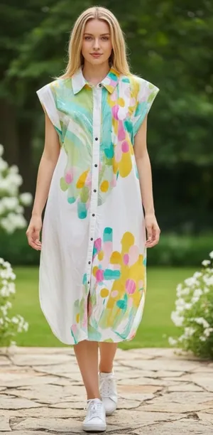 Maeve Sleeveless White Button-Front Dress with Multicolor Watercolor Print size Large thumbnail 1