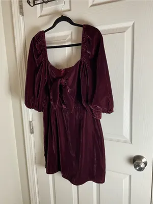 ASOS Velvet Tie-Front Puff Sleeve Mini Dress Plum Burgundy Size 12 thumbnail 2