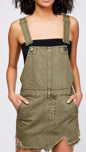 💚✨ Free People‎ Olive Green Distressed Overall Mini Dress Size 4 ✨💚 thumbnail 1