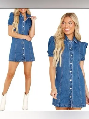 Blank NYC Walk In The Park Puff Sleeve Mini Denim Dress thumbnail 13