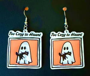 "Too Cozy to Haunt" Ghost & Black Cat Halloween Dangle Earrings 👻🐈‍⬛ thumbnail 1