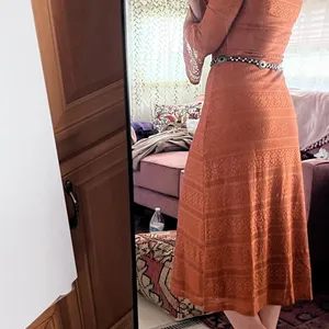 SheIn Rust brown lace overlay long sleeve midi dress thumbnail 9