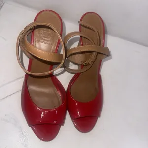 Tory Burch Red Patent Leather Cork Wedge Ankle Strap Peep Toe Sandals size 7.5 M thumbnail 14