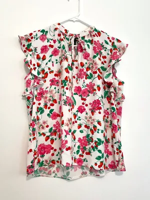 ANN TAYLOR Floral Mixed Media Ruffle Sleeve Tie Neck Shell Top White Strawberry thumbnail 2