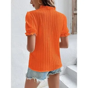 Orange Pleat Notch Neck Puff Sleeve Top - Women thumbnail 3