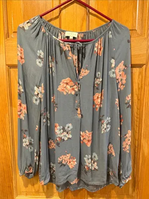 Lucky Brand blue gray floral print long sleeve blouse size medium. thumbnail 1