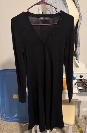 Zara Black Long Sleeve Henley Midi Dress thumbnail 1