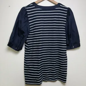 NEW LOFT Women Cotton‎ Knit Top Large Navy White Striped Henley Preppy Coastal thumbnail 6