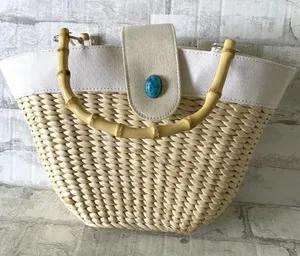 Unbranded Turquoise Straw Bamboo Handle Bag Lightweight Mini Snap Closure Yellow thumbnail 1