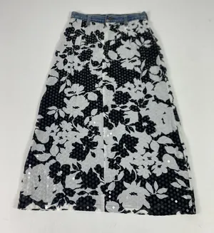 Ruth Skirt Sz XS Black Floral Sequin‎ Chiffon Denim Waist Midi Y2K Anthropologie thumbnail 1