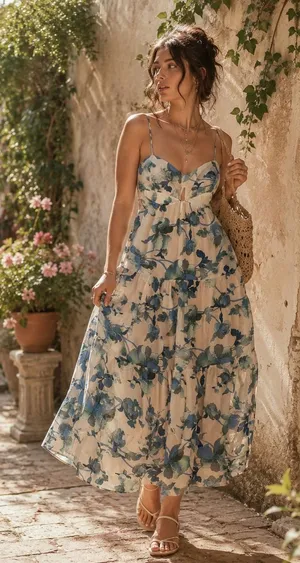 Hello Molly Blue Floral Cut Out Tiered Maxi Dress Small US 4 Summer Wedding Boho thumbnail 1