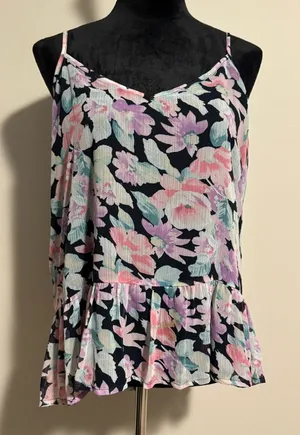 EUC Abercrombie & Fitch Black Spaghetti Strap Floral Peplum Tank size large thumbnail 1
