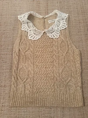 Anthropologie Lace-Trim Peter Pan Collar Tan White Knit Tank size Small thumbnail 4