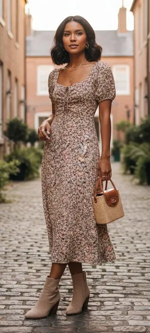 ASTR Lace Up Puff Sleeve Midi Dress in Brown Floral Size Small NWT thumbnail 1