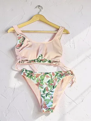 CUPSHE Reversible Ribbed Bikini Set Size S Peach & Leaf Print thumbnail 2