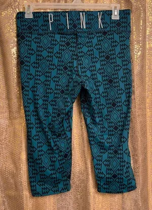 PINK Victorias‎ Secret Teal Black Aztec Yoga Athletic Capri Leggings Large thumbnail 1