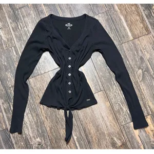 Hollister Black‎ Ribbed V Neck Button Front Tie Waist Long Sleeve Top Medium Y2K thumbnail 6