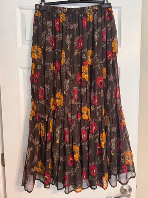 Vintage 90s/Y2K Autumn Brown Red Gold Floral Broomstick Gauzy Maxi Skirt Large thumbnail 3