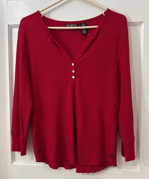 Polo Jeans Co Ralph Lauren Waffle Thermal Henley Top Womens L Preppy Layers Red thumbnail 1