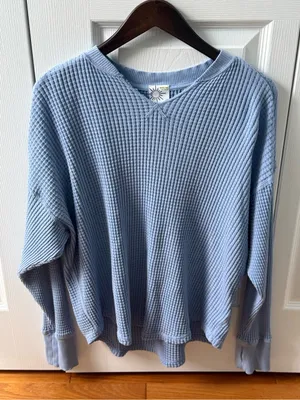 Aerie Offline Wow! Waffle Knit Notch Neck Long Sleeve in Monaco Blue thumbnail 2