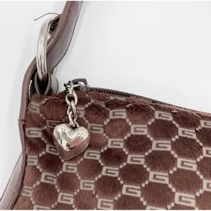 Vintage 90s Y2K Faux Fur Mini Bag Purse Chocolate Brown Printed Heart Charm Zip thumbnail 5