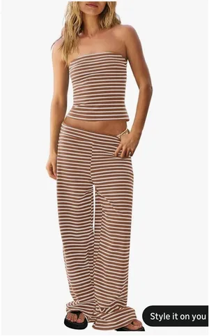 Amazon Brown stripe 2 piece Loungewear set cozy thumbnail 1